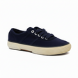 Navy blue sneaker with white laces on a white background
